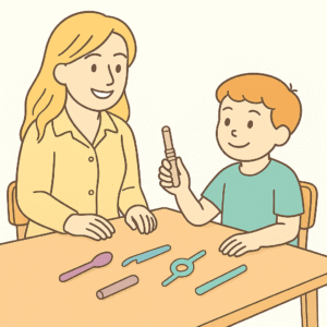 Θεραπεύτρια και παιδί σε άσκηση Oral Placement Therapy — στοματική τοποθέτηση για βελτίωση άρθρωσης.